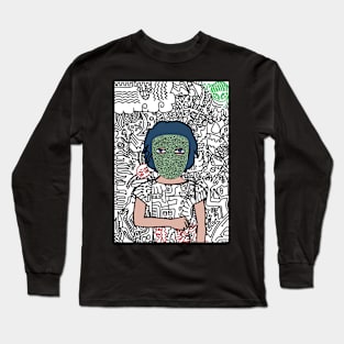 Donald: Captivating Female NFT with a Doodle Mask, Blue Eyes, and Light Aesthetic in a Doodle Background Long Sleeve T-Shirt